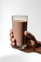 hand innehav en glas av utsökt choklad mjölk isolerat på vit bakgrund. ai genererad foto