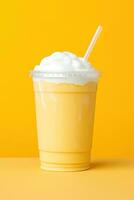 mango smoothie milkshake i plast hämtmat kopp isolerat på gul bakgrund. ai genererad foto