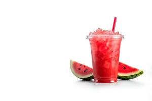 vattenmelon smoothie i ta bort kopp med vattenmelon skivad isolerat på vit bakgrund med kopia Plats. ai genererad foto