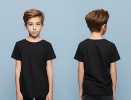främre och tillbaka visningar av en liten pojke bär en svart t-shirt. ai genererad foto