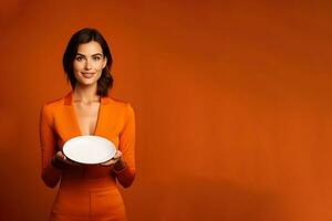 ung skön eleganta kvinna innehav ett tömma tallrik eller maträtt isolerat på orange bakgrund med kopia Plats. ai genererad foto