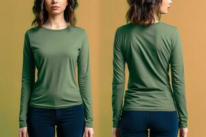 kvinna bär en grön t-shirt med lång ärmar. främre och tillbaka se. ai genererad foto