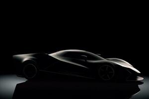 sida se mörk silhuett av en modern sport svart bil isolerat på svart bakgrund. ai genererad foto