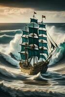 hav liner segling på stor vågor tillverkad med generativ ai teknologi foto