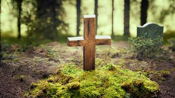 skog gräv kyrkogård, begravning bakgrund - trä- korsa på mossa. naturlig begravning grav i de skogen. ai generativ. foto