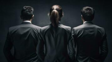 tre företag människor med deras ryggar vände sig mot på grå bakgrund. foto