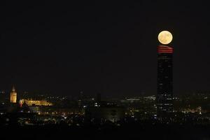 förtrollade kväll i sevilla. full måne, giralda, Sevilla torn, och torg Spanien tittade från camas foto