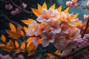 körsbär blomma sakura blomma på blå himmel bakgrund, ai generativ foto