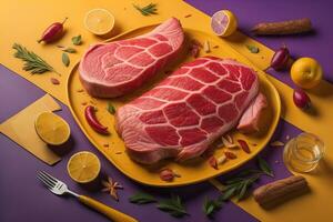 rå nötkött ländstycke biff med Ingredienser för matlagning på trä- bakgrund. ai generativ foto
