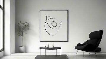 minimalistisk levande rum interiör med vit väggar, betong golv, svart soffa och runda kaffe tabell. 3d tolkning falsk upp ai generativ foto