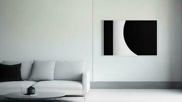 minimalistisk levande rum interiör med vit väggar, betong golv, svart soffa och runda kaffe tabell. 3d tolkning falsk upp ai generativ foto