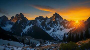 skön solnedgång i de berg. panorama av de bergen ai generativ foto