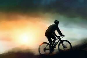 man ridning cykel soluppgång. generera ai foto