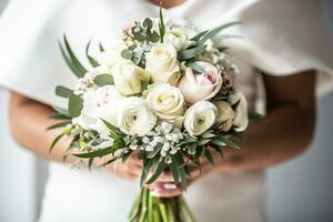 detalj av brud innehav vit bröllop blommor bukett i henne händer foto