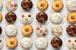 utsökt muffin med olika garnering sömlös mönster bakgrund foto