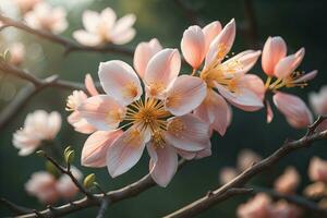 körsbär blomma sakura blomma på blå himmel bakgrund, ai generativ foto