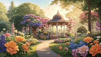 en skön trädgård med färgrik blommor och lusthus foto