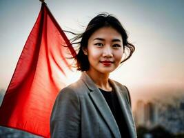 Foto av ung asiatisk kvinna med röd flagga vinka i de vind, generativ ai