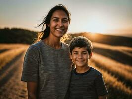 Foto av Lycklig familj mor och son, generativ ai