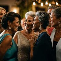 grupp av Lycklig mitten åldrig gammal kvinna på de natt fest, generativ ai foto