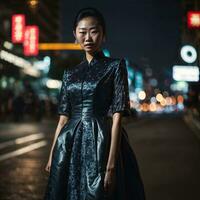 Foto av asiatisk kvinna på gata natt med ljus, generativ ai