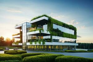 miljövänlig byggnad i de modern stad. hållbar glas kontor byggnad med träd för minska kol dioxid. kontor byggnad med grön miljö. företags- byggnad minska co2. generativ ai. foto