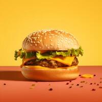 en hamburgare med ost, sallad och tomat på en svart bakgrund ai generativ foto