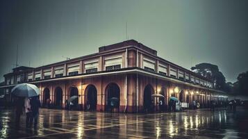 gammal järnväg station byggnad i regn ai generativ foto