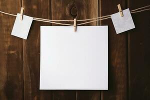 vit papper ark hänga på en sträng med en klädnypa. ai generativ foto