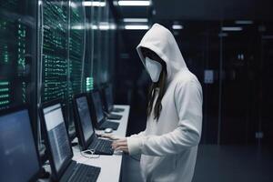 anonym hacker med huva och mask stjäl data inuti data Centrum generativ ai foto