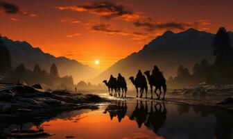 kamelerar, kamel drivrutiner på solnedgång, generativ ai foto