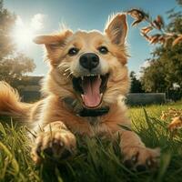 ai generativ hög kvalitet Foto av en Lycklig hund spelar boll på de gräs