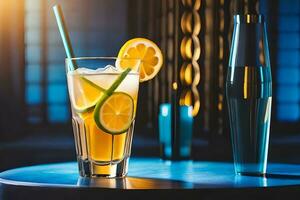 utsökt cocktail i en glas bägare eras med citron- skiva på blå bakgrund ai genererad foto