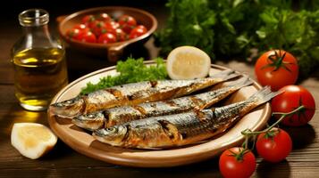 grillad sardiner med sallad, bröd och potatis, portugal lyx bakgrund foto