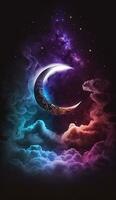 3d framställa realistisk ramadan måne stjärnor på mörk bakgrund, ai generativ foto