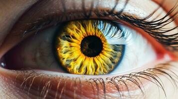 stänga upp se av öga med gul ögonfransar generativ ai, ai genererad foto
