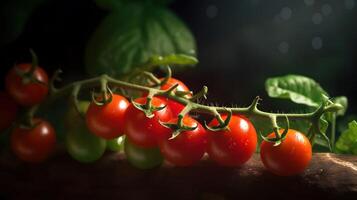 färsk röd tomater på en gren i de trädgård generativ ai, ai genererad foto