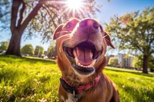 tunga ut, svans vifta - fångande hund lycka i de Sol - ai genererad foto