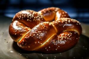 pretzel med sesam frön Sammanträde på en tabell ai generativ foto