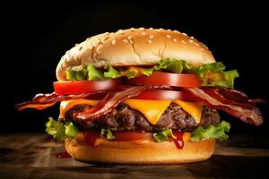 en burger med bacon och ost på en svart bakgrund ai genererad foto