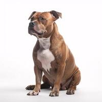 ai generativ amerikan Staffordshire terrier ras hund isolerat på en ljus vit bakgrund foto