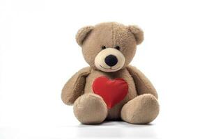 brun teddy Björn med en röd hjärta på en vit bakgrund ai genererad foto