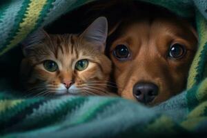 en hund och katt under en filt ai genererad foto