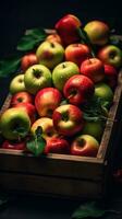 en trä- låda fylld med äpplen ai genererad foto