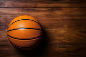 en basketboll boll är Sammanträde på en trä- golv ai generativ foto