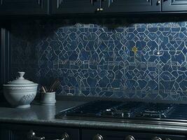 modern kök interiör design med ai generativ skön mönster av marockanskt inspirerat mosaik- Stänkskydd. foto