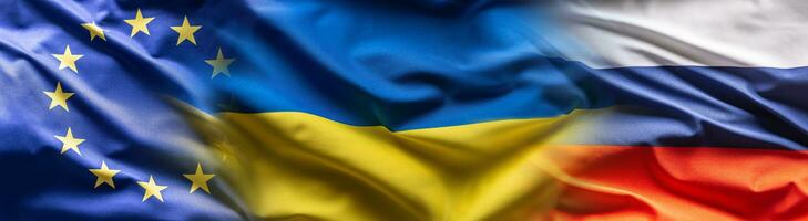 flaggor av de europeisk union, ukraina och ryssland blandning ett in i de Övrig foto