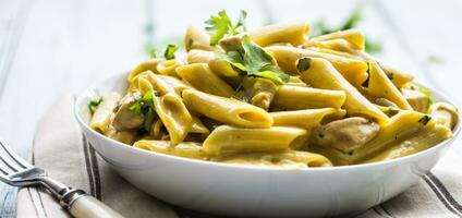 pasta pene med kyckling bitar svamp parmesan ost sås och ört dekoration. pene lura pollo - italiensk eller medierranean kök foto