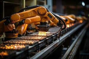 industriell robot ärm. hopsättning linje i fabrik - ai generativ foto