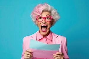 Lycklig senior kvinna innehav en post - ai generativ foto